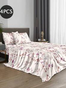 4-Piece Plant Floral Leaf Pattern Bedding Set, Easy Care Soft Bedding Set (1 Flat Sheet + 1 Fitted Sheet + 2 Pillowcases), Knitted Bed Sheet Set Suitable For King/Queen/Full/Twin Size, Fits 11.8 Inch Deep Mattress, Soft Breathable Wrinkle-Resistant - Multicolor - View 2