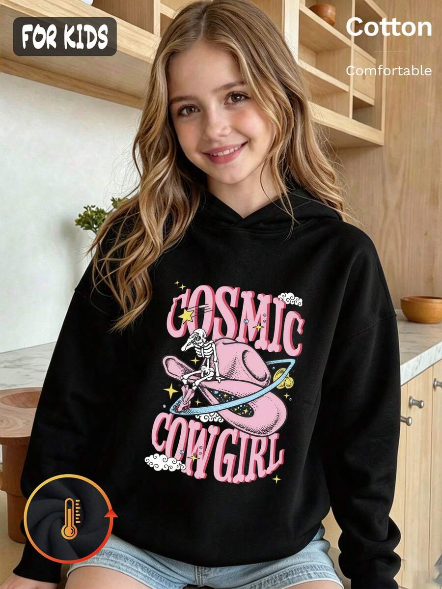 Autumn Girls Graphic Hoodie With Pink Cowboy Hat Skull Print & Cosmic Cowgirl Text Y2K - Black - View 1