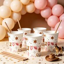 10/20pcs Western Cowgirl Paper Party Cups, Pink Bohemian Style Cowboy Boots And Cactus Star Pattern Disposable Drinking Cups, Suitable For Birthday Party, Rodeo Theme Event And Baby Shower Celebration Table Decor - Multicolor - View 8