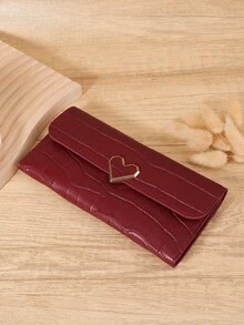 Fashionable Women's Stone Patterned Multifunctional Long Wallet, Metal Heart Decoration Three Fold Buckle Wallet, Very Suitable For Outdoor And Travel - Redwood - View 3