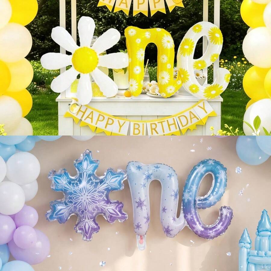 1歲生日派對裝飾,雛菊/雪花白色箔氣球套組,1歲生日拍照背景布 - 彩色 - 查看 1