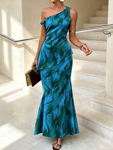 Women's Summer Knot Asymmetrical Off-Shoulder Mermaid Set, Casual Vacation Daily Wear - Multicolor - View 1