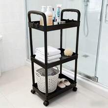 3-Tier White Plastic Rolling Storage Cart With Handle - Multi-Functional Storage Organizer For Kitchen, Bathroom And Bedroom - Durable Mesh Shelves Easy To Access, Mobile Practical Storage Cart | Modern Storage | Ventilated Storage - Multicolor - View 3
