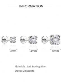 EleRunis 1pc Moissanite 925 Sterling Silver Classic 4-Prong Flat Back Cartilage Spiral Piercing Earring, Wedding Daily Wear Bridal Jewelry - Silver - View 8