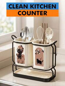 1pc 2-Compartment Utensil Organizer, Multi-Functional Kitchen Utensil Rack, Space-Saving Cutlery Storage Box, Suitable For Spoons, Forks, Knives, For Kitchen Countertop And Party Use - Multicolor - View 11