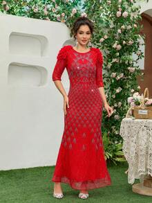 JINLICX Luxury Red 3D Floral Shoulder Rhinestone Mermaid Evening Dress Half Sleeve Mesh Formal Maxi Gown - Red - View 2
