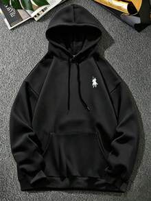 AnChiStreetwear 大尺碼男士馬術騎手圖案口袋連帽衛衣，街頭風，秋冬款 - 黑色 - 查看 2