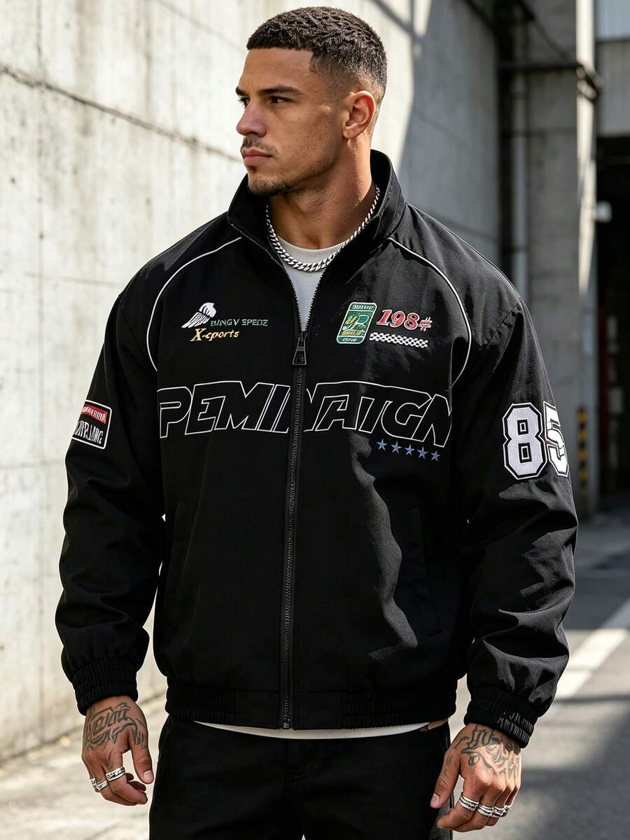 Jaket Pria Musim Semi/Gugur dengan Motif Huruf Balap, Kerah Tegak, Manset Elastis, Jaket Motor Gaya Hip-Hop Street - Hitam - View 1