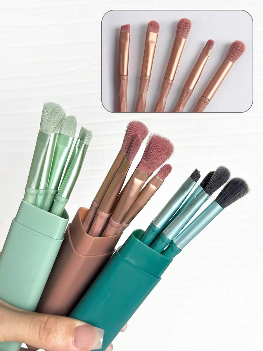 5PCS Mini Portable Makeup Brush Set, Travel Cosmetic Brush Kit For Eyeshadow, Blush And Loose Powder Application, Multi-Function Makeup Tools, For Daily Makeup And Travel Touch-Up - Multicolor - View 1