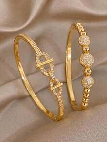2Pcs Women Gold Stackable Bangle Set, Stainless‑Steel, Clover Hollow & Bead Rhinestone, Hypoallergenic Jewelry For Daily & Party Gift. - Gold - View 5