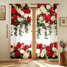 2pcs Elegant Red & White Rose Floral Print Curtains - Rod Pocket Design For Living Room, Bedroom,Wedding, Kitchen & Office Decor, Bohemian Style, Polyester Fabric(Rod Not Included),Good Transparency, 2D Flat Printing,90gsm - Multicolor - View 13