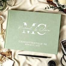 1pc Personalized A4 Green Linen Wedding Guest Book, Customized Name & Date Sign-In Guestbook, Wedding Anniversary Gift, Suitable For Wedding Guest Signatures And Photo Collection - Multicolor 2 - View 5