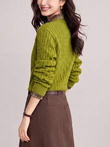Women's Autumn Casual Minimalist Patchwork Woven Plaid 2 In 1 Cardigan Knit Sweater - Olive Green - View 3