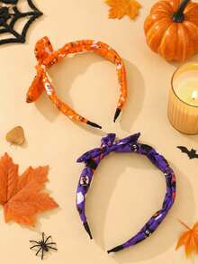 2pcs Halloween Girls Rabbit Ear Headbands, Pumpkin Ghost Bat Black Witch Skull Printed Fabric Headbands, Party & Daily Hair Accessories - Multicolor - View 3