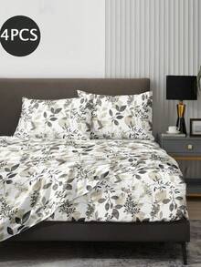 4-Piece Leaf & Branch Pattern Bedding Set, Easy-Care Soft Bedding Set, Fitted Sheet Set (1 Flat Sheet + 1 Fitted Sheet + 2 Pillowcases), Fitted Sheet Set, Suitable For King, Queen, Full, Twin, Deep Pocket Design, Pillowcases Up To 11.8 Inches, Soft & Breathable, Wrinkle-Resistant - Grey - View 2