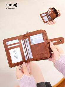 CHARM INFINITE محفظة نسائية جديدة مضادة للسرقة بتقنية RFID مع سلسلة وميدالية مفاتيح وجيب عملات معدنية، محفظة قصيرة صغيرة بطباعة ألوان متباينة، الأكثر مبيعاً - بني - مشاهدة 4