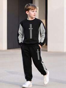 Boys' Spring/Autumn Round Neck Colorblock Sweatshirt 2 Pieces Set, Contrast Sleeve Print Top And Side Contrast Cuffed Sweatpants, Children's Knit Outfit - Black - View 1