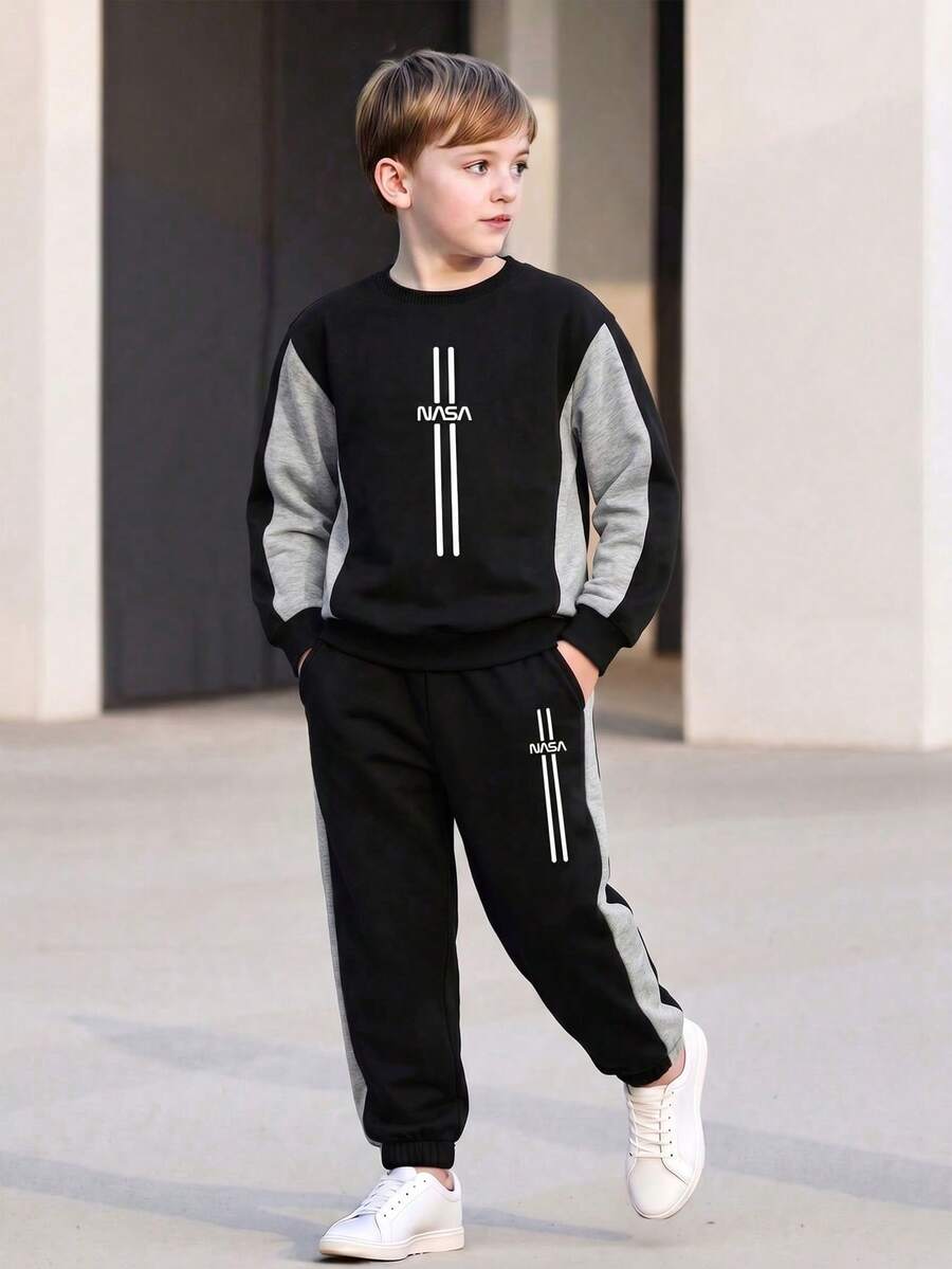 Boys' Spring/Autumn Round Neck Colorblock Sweatshirt 2 Pieces Set, Contrast Sleeve Print Top And Side Contrast Cuffed Sweatpants, Children's Knit Outfit - Black - View 1