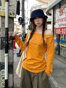 韓式休閒不對稱肩印花長袖秋季不對稱領字母修身女款上衣 - 橘色 - 查看 2