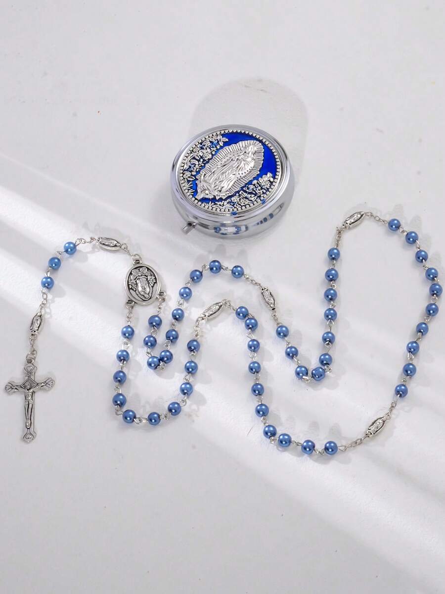 1 Set Rose Bead Necklace And Virgin Mary Cross Stainless Steel Religious Rosary Box, Suitable For Baptism, Wedding Gift, Religious Gift, Coming Of Age Ceremony, Graduation Gift, Catholic Events, Church Donation And Anniversary Gift. - Royal Blue - View 1