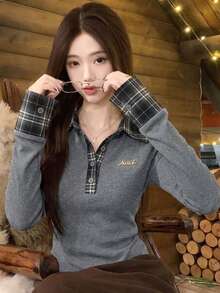 Atasan Dalaman Wanita 2 In 1 Motif Kotak-kotak Patchwork Kerah Polo Merah Lengan Panjang Bahan Halus Potongan Slim Fit - Grey - View 3