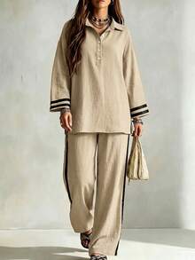 Women's Khaki 2 Pieces Set, Non-Stretch Lapel Long Sleeve Top With Wide Leg Pants, Suitable For Casual Home And Daily Wear - Khaki - View 6