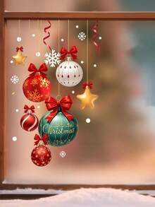 1pc Christmas Decoration Static Cling Window Sticker With Christmas Ball Snowflake Red Bow Design, Removable Double-Sided Visible Reuse PVC Stickers, Suitable For Living Room, Bedroom Home Decor And Window Glass Beautification Decoration - Multicolor - View 7