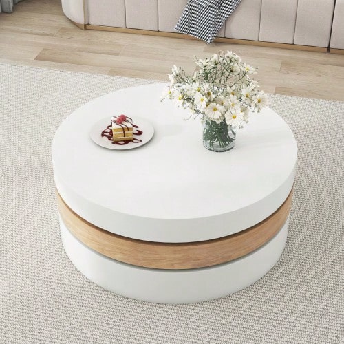 N625P300077W Cylindrical Coffee Table, 360° Rotating Top Surface, Rotating Living Room Table, Three-Tier Sofa Table, 3 Storage Surfaces, Recommended Total Load Capacity 30 Kg, Willow Wood With Storage Space - White + Natural - View 1