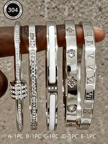5pcs/1pc Minimalist Fashion Mother Of Pearl Four-Leaf Clover Roman Numeral Bracelet Set, Stackable Luxury Bracelets, Suitable For Back To School, Party, Banquet, Daily Wear, Commuting, Valentine's Day Gift - Silver - View 10