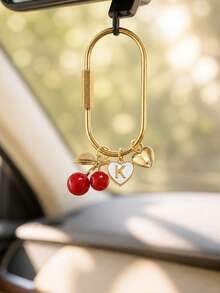 Red Cherry Letter Keychain Bag Pendant,Feature Golden Heart And White Border Letter Heart Pendant,Car Keychain,Bag Accessories,Decorative Pendant - Multicolor - View 3