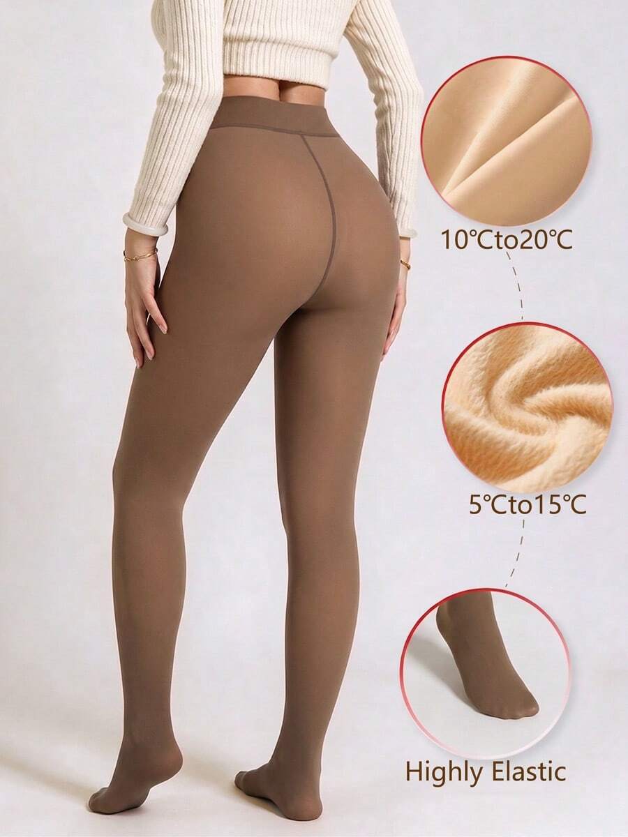 1 Pair Women's Coffee Color Faux Sheer Thermal Lined Tights, High Elasticity Warm Slimming Leggings, Suitable For Commute, Date, Autumn/Winter - Coffee Brown - View 1