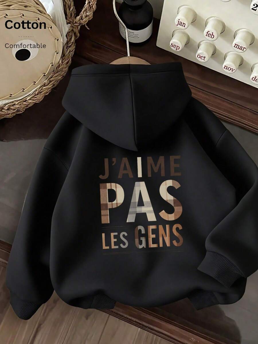Autumn/Winter Women's Hooded Long Sleeve Black Sweatshirt, Plaid Letter Print, Casual Commuter Sporty Women's Top, Y2K Street Style Hooded Pullover - Black - View 1