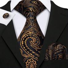 Paisely Gold Necktie Pocket Square Cufflinks 3pcs Kit For Luxury Night & High End Hotel Gala Banquet - Black - View 2