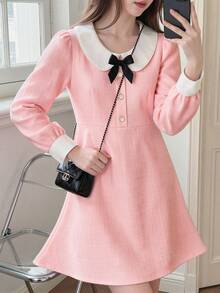 Autumn/Winter Girls Casual Cute Versatile Party Fresh Minimalist Round Neck Bow Beaded Colorblock Long Sleeve Dress - Pink - View 1