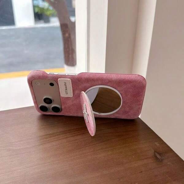 Vintage Denim Texture Rhinestone Bow Makeup Mirror Phone Case Compatible With IPhone 17/16/15/14/13/12/11 Pro Max Fashion Creative Full Coverage Protective Cover