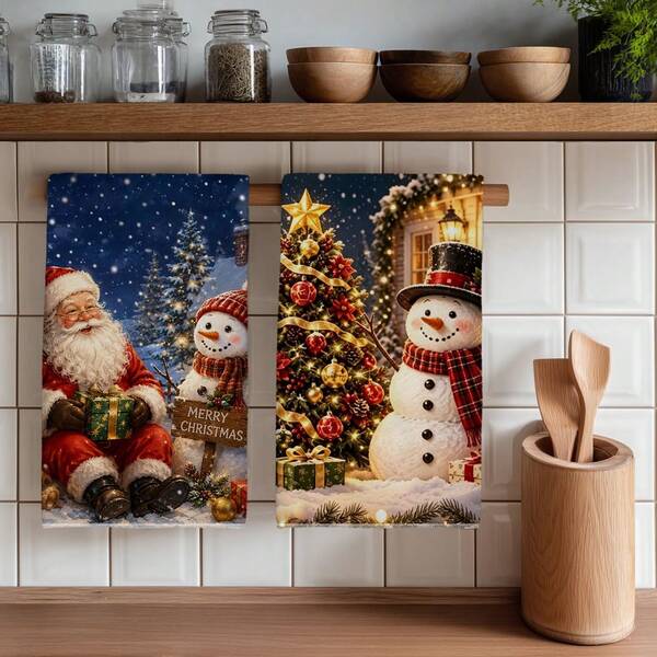 2PCS Christmas Kitchen Towels With Santa Claus And Snowman Pattern Print 40*60cm Watercolor Style Rectangular Microfiber Kitchen Towels, Dish Cloths, Tablecloths, Hand Towels, Christmas Kitchen Decor, Home Decor, Housewarming Gift For Neighbors, Perfect For Kitchen And Bathroom Use, Suitable For Housewives And Family Gatherings, High Cost-Performance, Essential Home Item