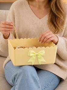 Cream Ribbon Bow Storage Box, Sweet Bow Cosmetic Storage Box, Stationery Organizer, Bedroom Storage Container, Student Desk Stationery Holder, Household Sundries Storage Basket, Office Desk Decor, Accessories Storage Box - Multicolor - View 8