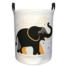 1pc Elephant Print Round Canvas Laundry Basket With Handle, Geometric Pattern Foldable Storage Bin Organizer For Clothes Toys Bedroom Bathroom Home Decor Container - Black and White - View 5
