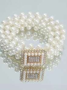 1pc Women's Pearl Belt With Rhinestone Square Buckle, Fashionable Versatile Elegant Dress Decoration Belt - Gold - View 4