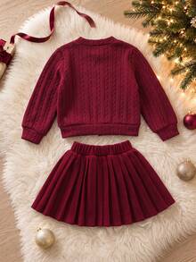 Girls' Spring/Autumn/Winter Christmas Red Sweater Set, Fashionable Beaded Decor Pearl Button Cardigan Sweater + Solid Color Pleated Skirt 2 Pieces Set - Red - View 6