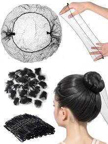 50 piezas/paquete Redecillas de cabello invisibles elásticas de 20 pulgadas, adecuadas para catering, moños de ballet, dormir, mujeres y pelucas - Negro - Ver 2
