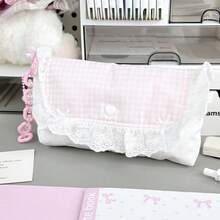 1pc Cute Lace Pink Plaid Polka Dot Pencil Case (No Pendant Single Pencil Case), Bow And Heart Decoration, Single Zipper Large Capacity Stationery Storage Bag, Makeup Bag, Suitable For Teenagers Daily School Supplies And Back To School, Birthday, Halloween, Christmas Gifts - Multicolor - View 5