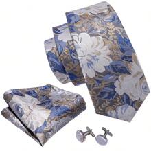 5Pcs Men Haze Blue Floral Jacquard Tie Pocket Square Cufflinks Ring Tie Clip Set, Random Cufflink Pattern, Accessories For Wedding - Dusty Blue - View 5