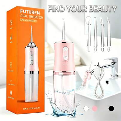 Water Flosser Floss Picks Portable Cordless Oral Irrigator Travel Rinse Cleaner with 3 Modes and 4 Nozzles 250ml 1400mAH