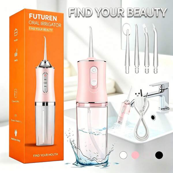 Water Flosser Floss Picks Portable Cordless Oral Irrigator Travel Rinse Cleaner with 3 Modes and 4 Nozzles 250ml 1400mAH