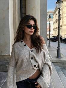 Senya 2026 Women's Oatmeal Crew Neck Knit Cardigan, Statement Button Long Sleeve Relaxed Sweater, Effortless Chic Minimalist Fall Winter Top - Grey - View 1