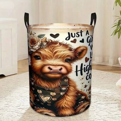 1pc Highland Cow Floral Print Foldable Storage Basket With Handle, Farm Cow Laundry Basket For Organizing, Rustic Home Decor