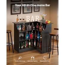 Home Bar Unit, L-Shaped Wine Bar Cabinet Table 4-Tier With Storage Shelves,  Wine Glass Holder, 300 Lbs Max Capacity, Wood Liquor Cabinet For Home, Kitchen, Living Room, Pub, Basement, Black - Black - View 2