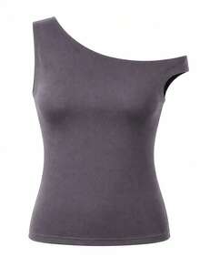 Women's Solid Color Minimalist Casual Asymmetrical Shoulder Short Sleeve Top Summer - Dusty Purple - View 4