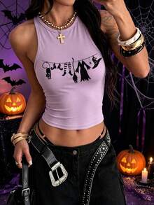 Women's Halloween Casual Short Tank Top With Witchy Clothesline Print, Round Neck Cut Out Racerback Polyester Cropped Tank - Purple - View 2